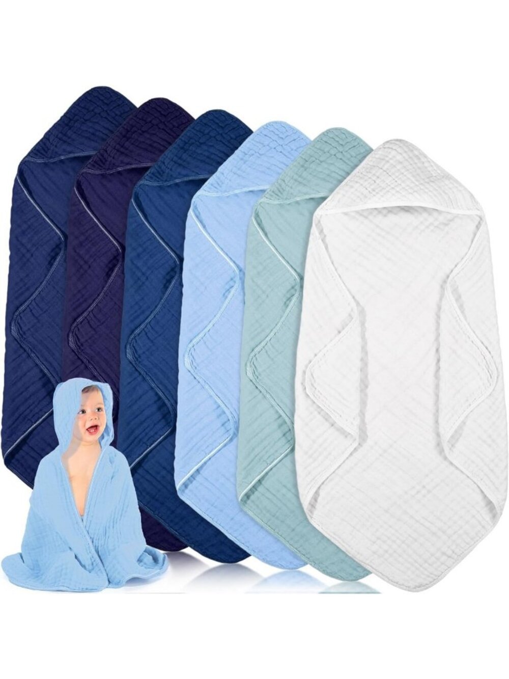Soft Cotton Muslin Hooded Baby Towels - 6 Pack, Perfect for Bath Time, Blue